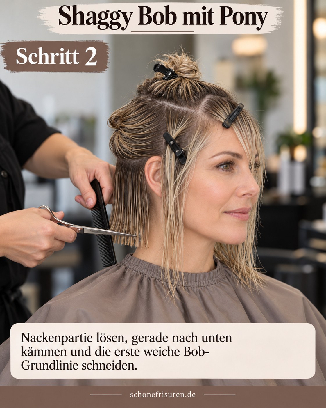 Shaggy Bob mit Pony zeigt das Schneiden der weichen Nacken Grundlinie