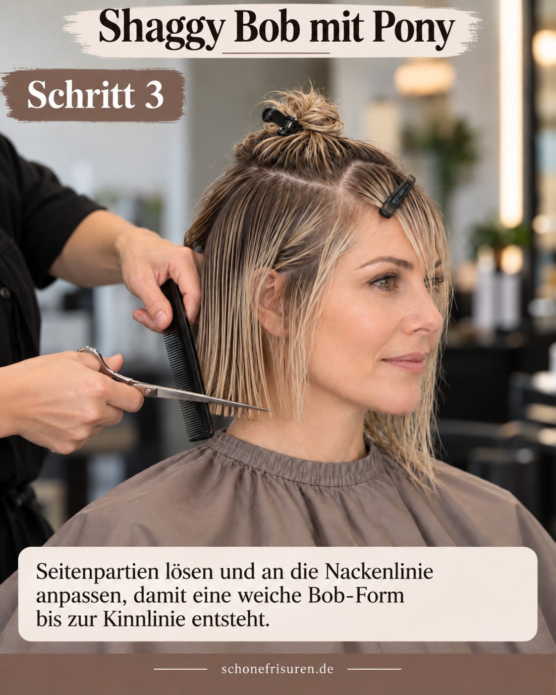 Shaggy Bob mit Pony wird an den Seiten zur lockeren Bob Form angepasst
