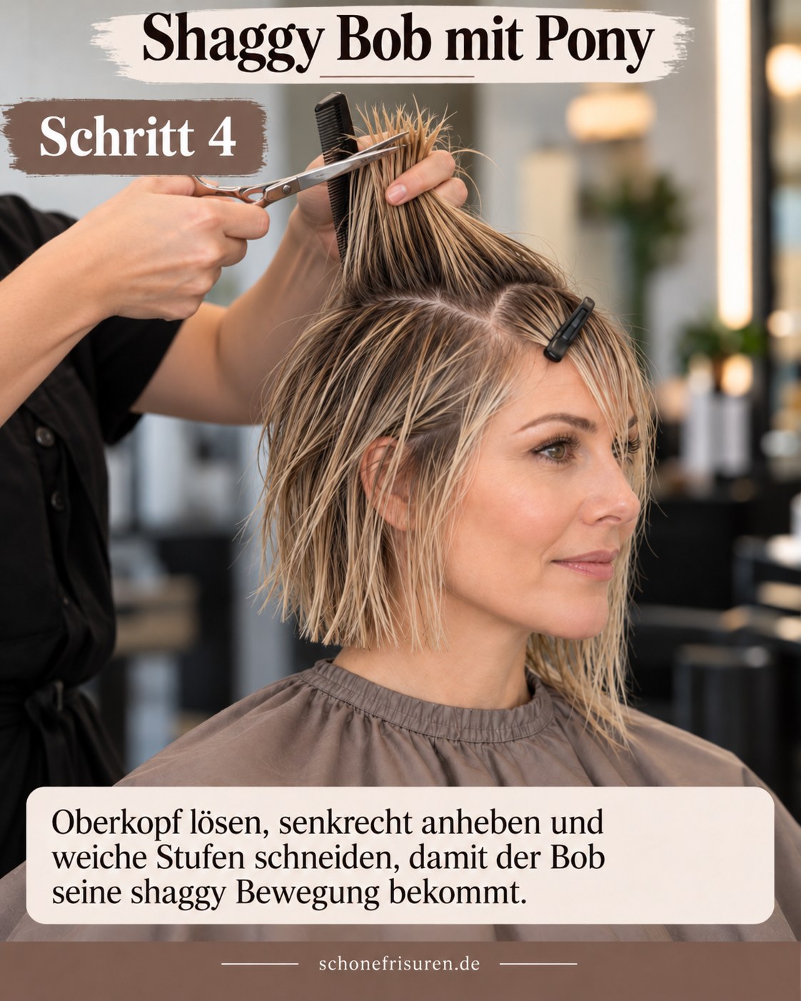 Shaggy Bob mit Pony erhält durch weiche Oberkopf Stufen mehr Bewegung