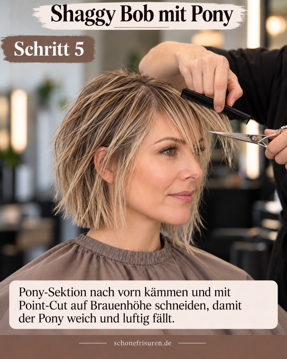 Shaggy Bob mit Pony zeigt einen luftigen Point Cut auf Brauenhöhe