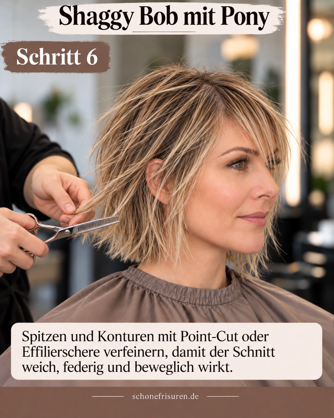 Shaggy Bob mit Pony wird mit Textur an Spitzen und Konturen verfeinert