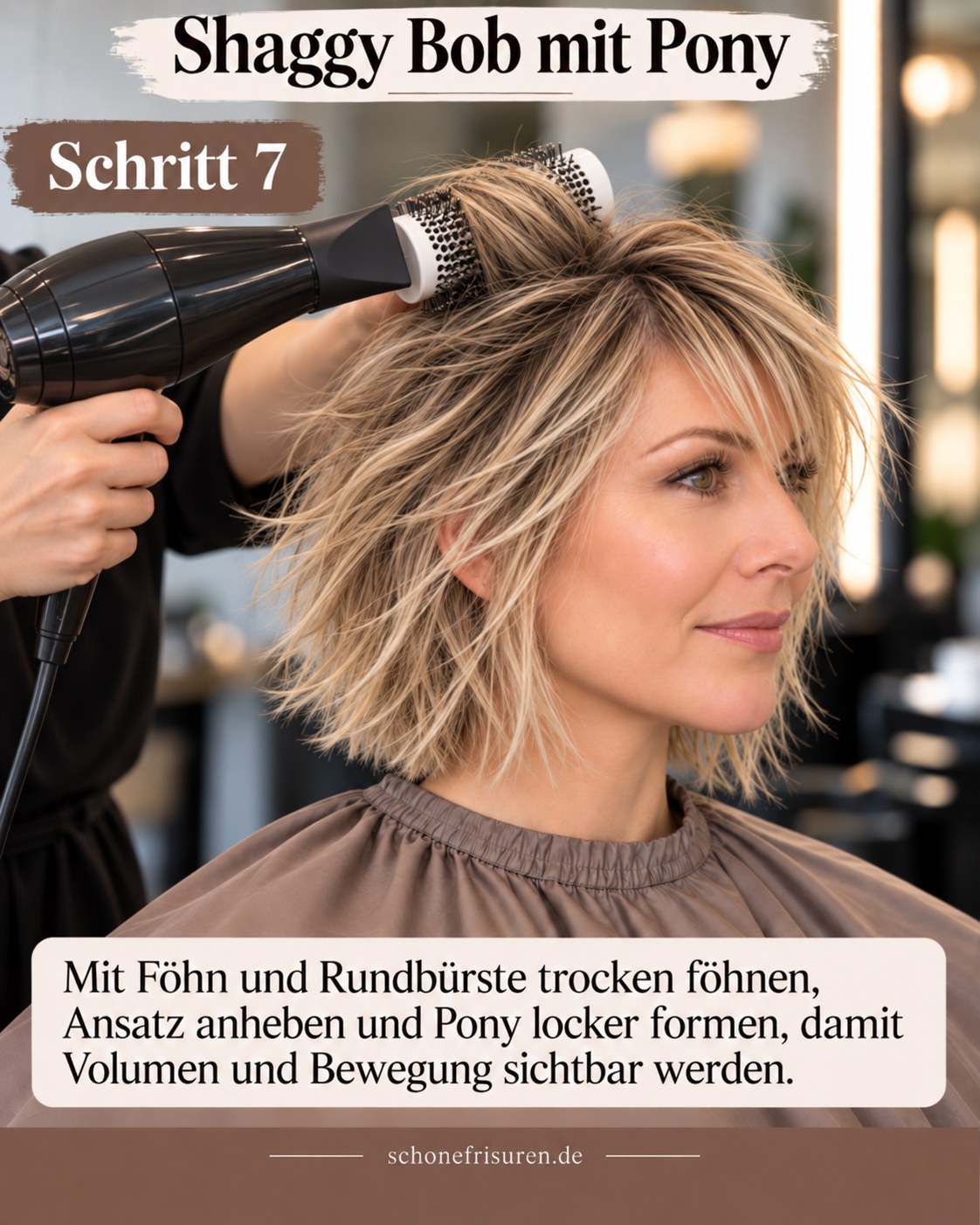 Shaggy Bob mit Pony wird mit Föhn und Rundbürste locker gestylt