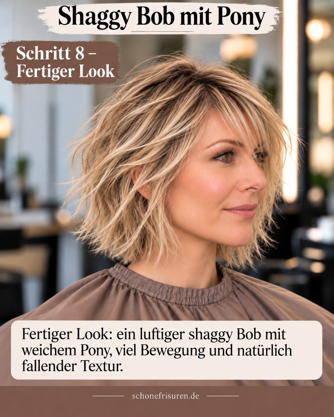 Shaggy Bob mit Pony zeigt den fertigen beweglichen und natürlichen Look