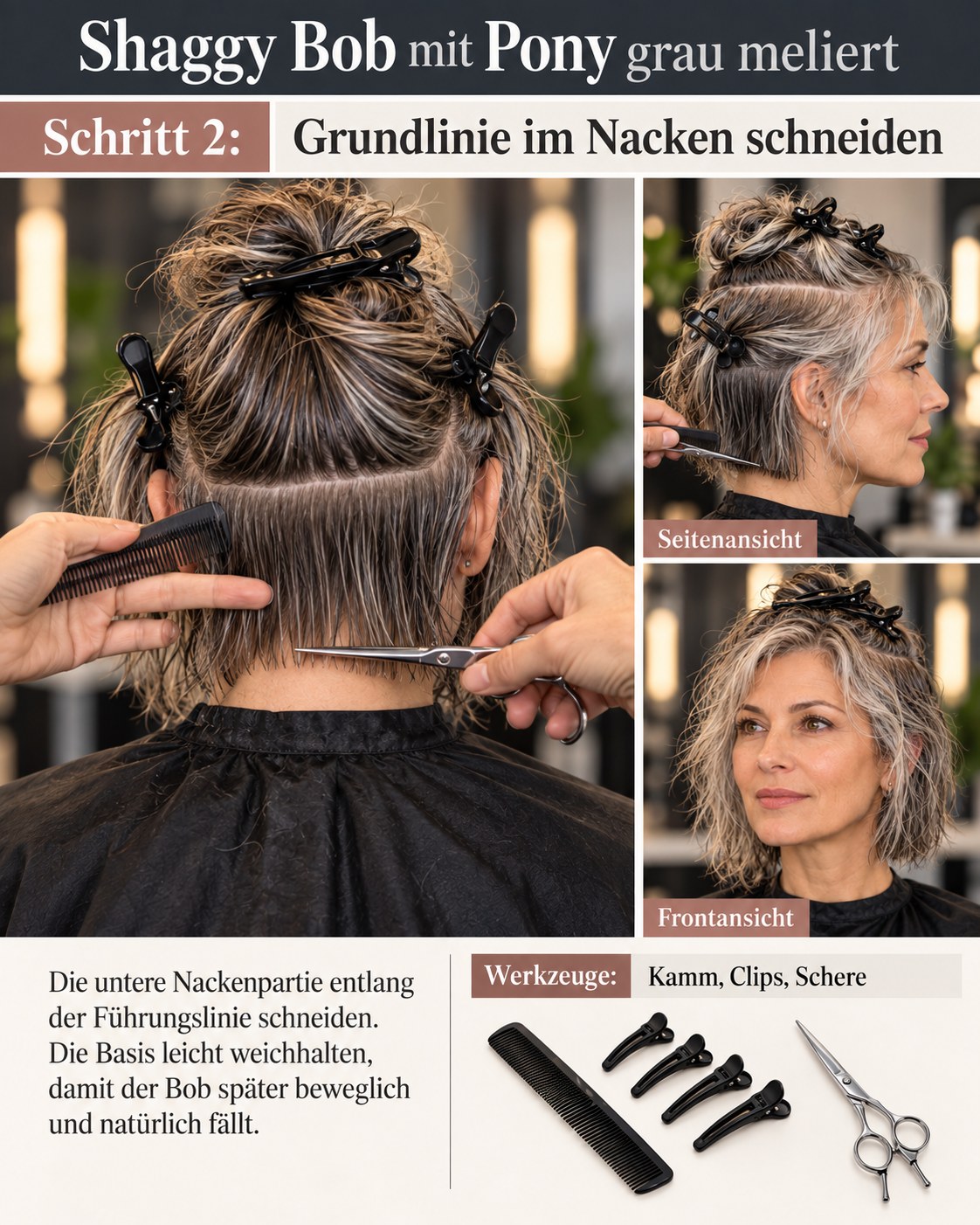 Shaggy Bob mit Pony grau meliert beim Schneiden der Grundlinie im Nacken