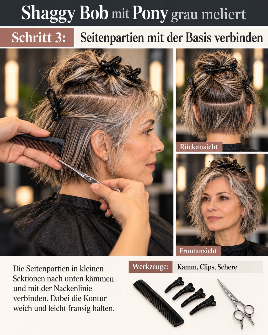 Shaggy Bob mit Pony grau meliert mit weicher Verbindung der Seitenpartien