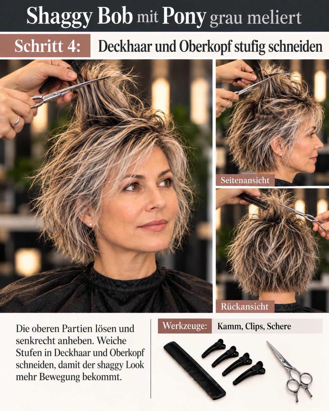 Shaggy Bob mit Pony grau meliert beim Stufenschnitt von Deckhaar und Oberkopf
