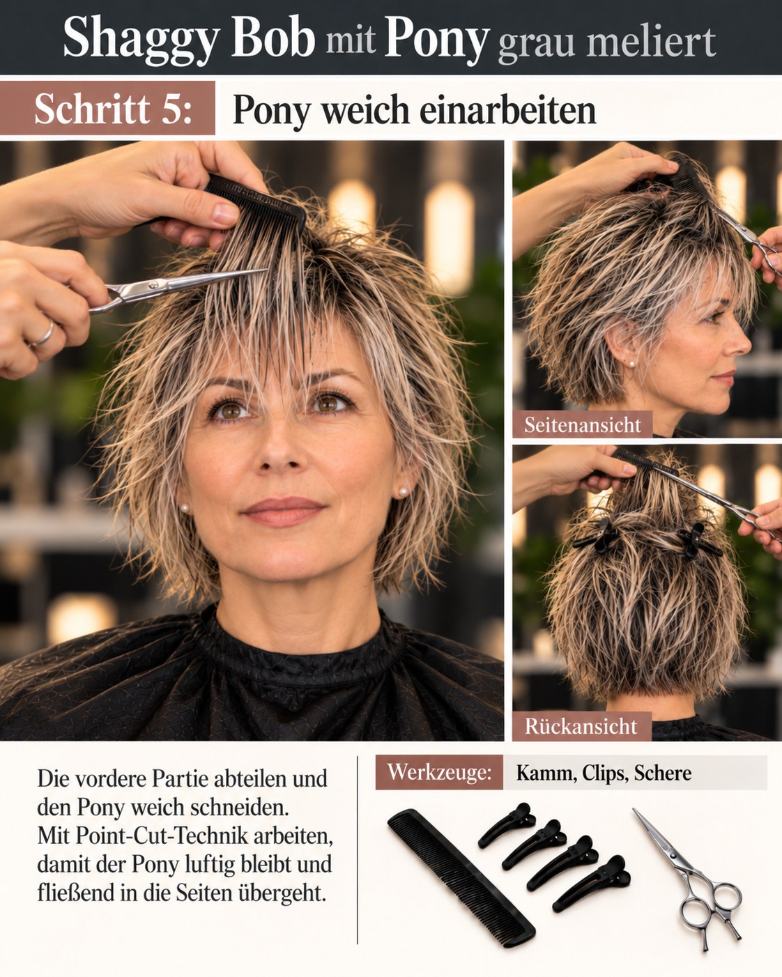 Shaggy Bob mit Pony grau meliert beim weichen Einarbeiten des Ponys