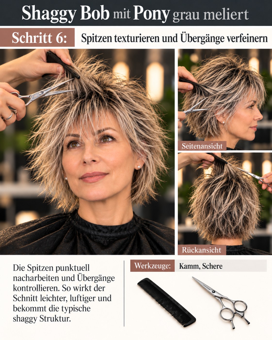 Shaggy Bob mit Pony grau meliert mit texturierten Spitzen und feinen Übergängen
