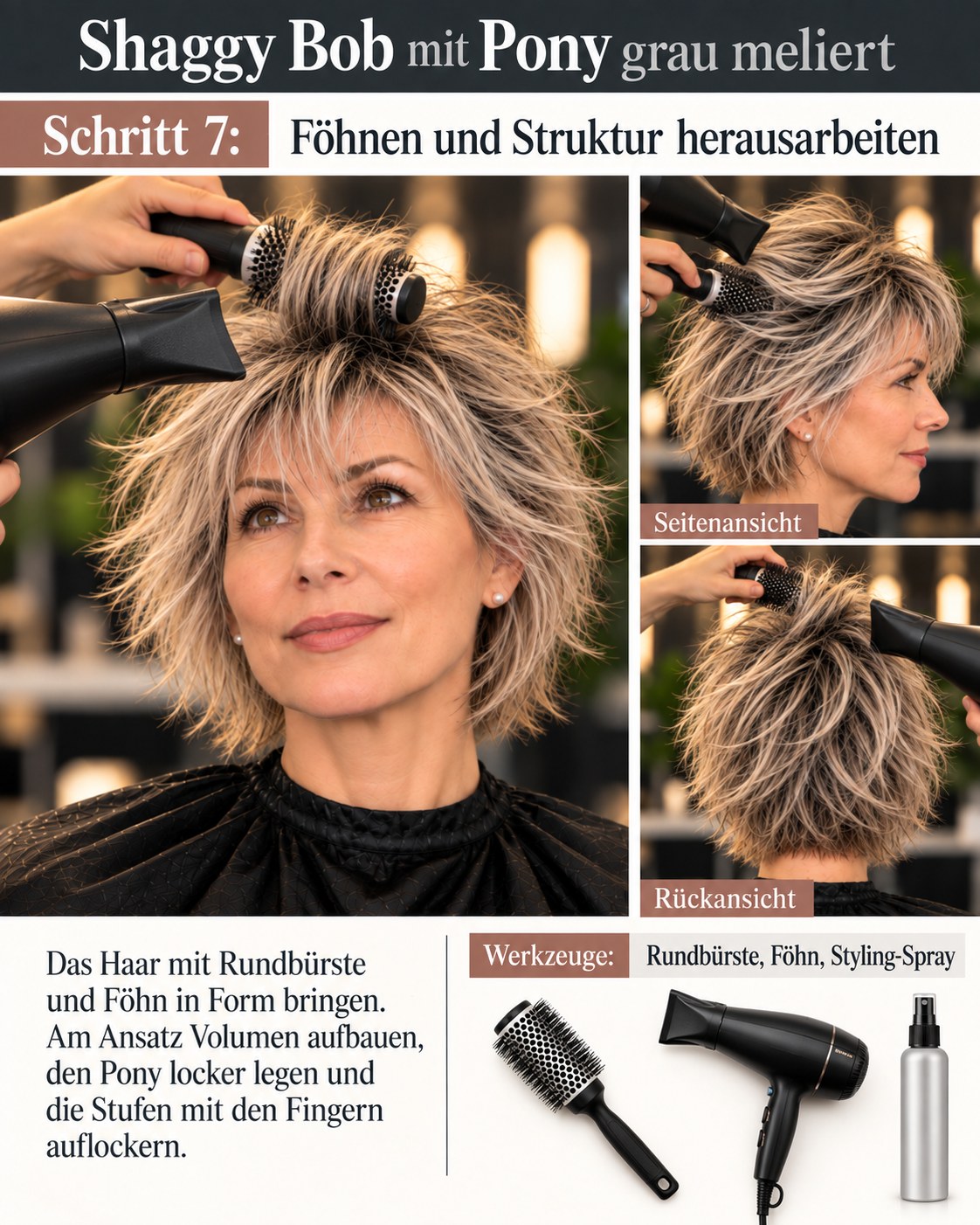 Shaggy Bob mit Pony grau meliert beim Föhnen mit Rundbürste und Styling