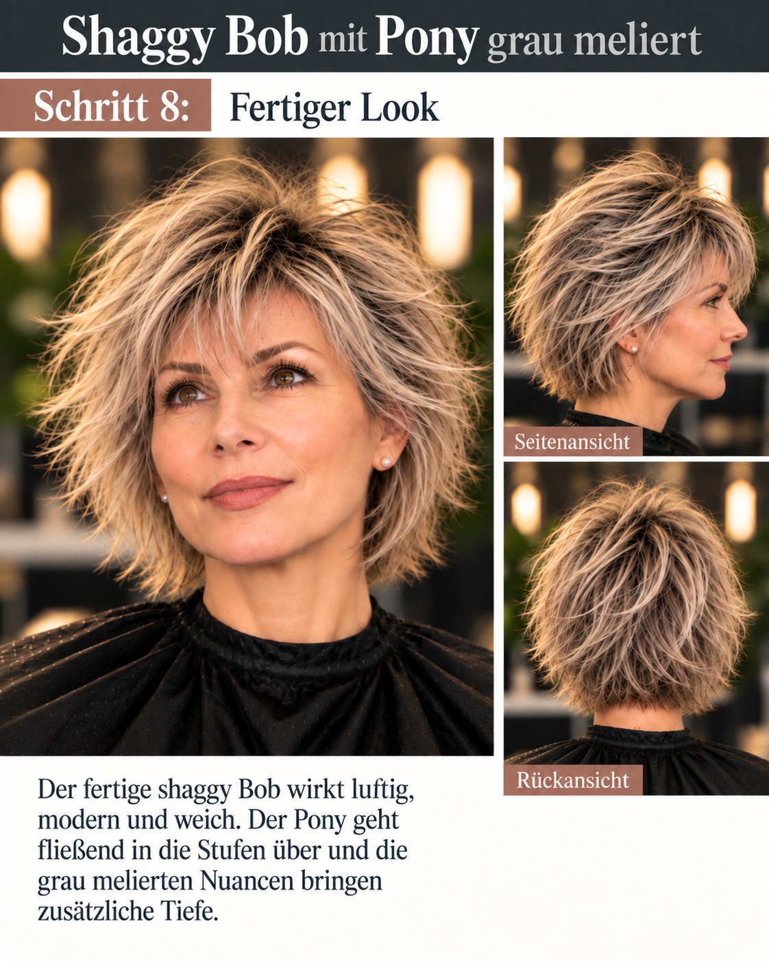 Fertiger Shaggy Bob mit Pony grau meliert mit luftigen Stufen und Volumen