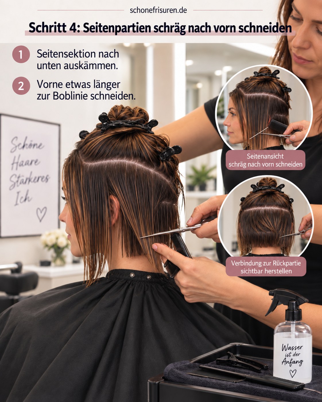 Stufenbob mit schrägem Pony bekommt seitlich eine längere vordere Linie
