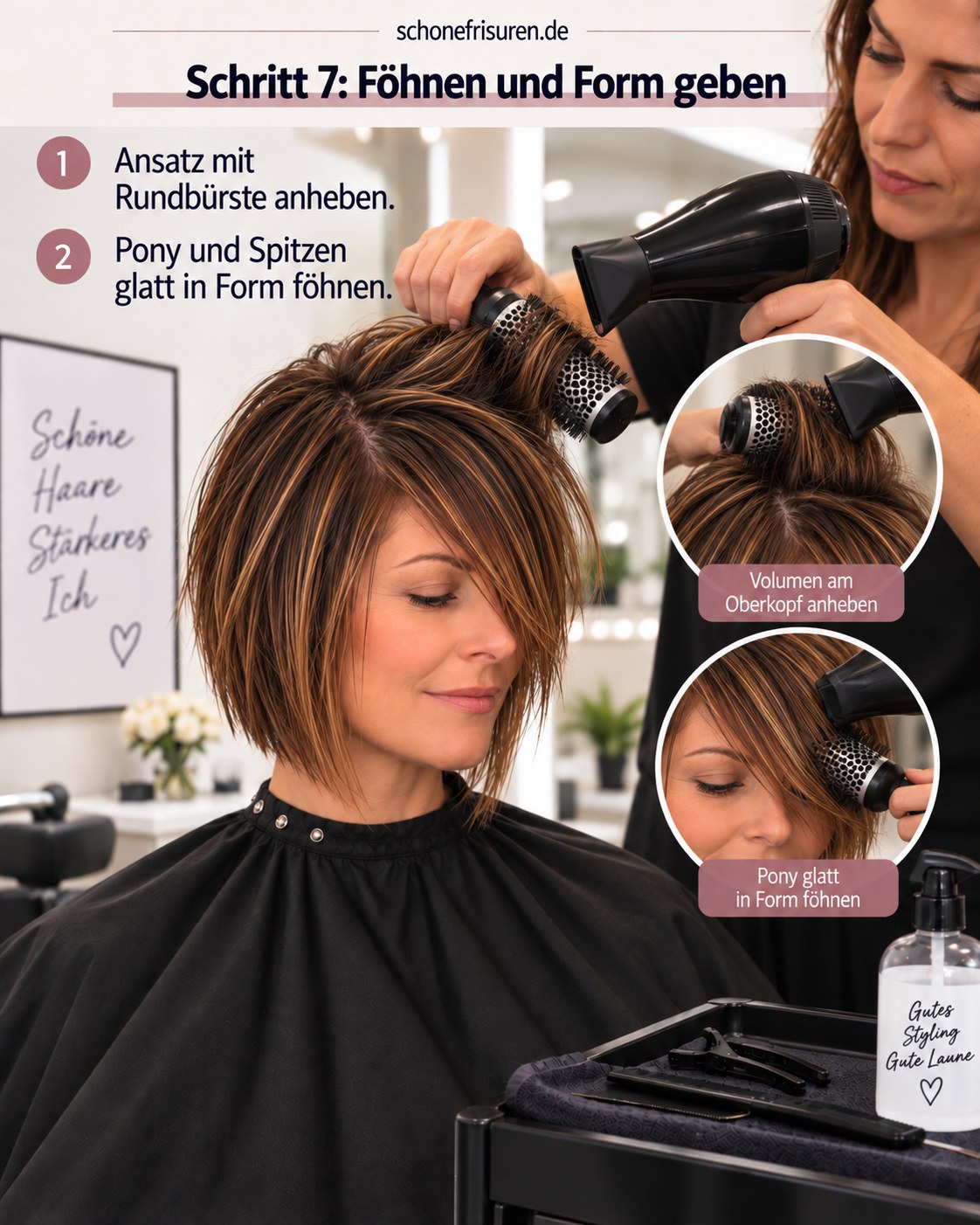 Stufenbob mit schrägem Pony wird mit Rundbürste und Föhn in Form gebracht