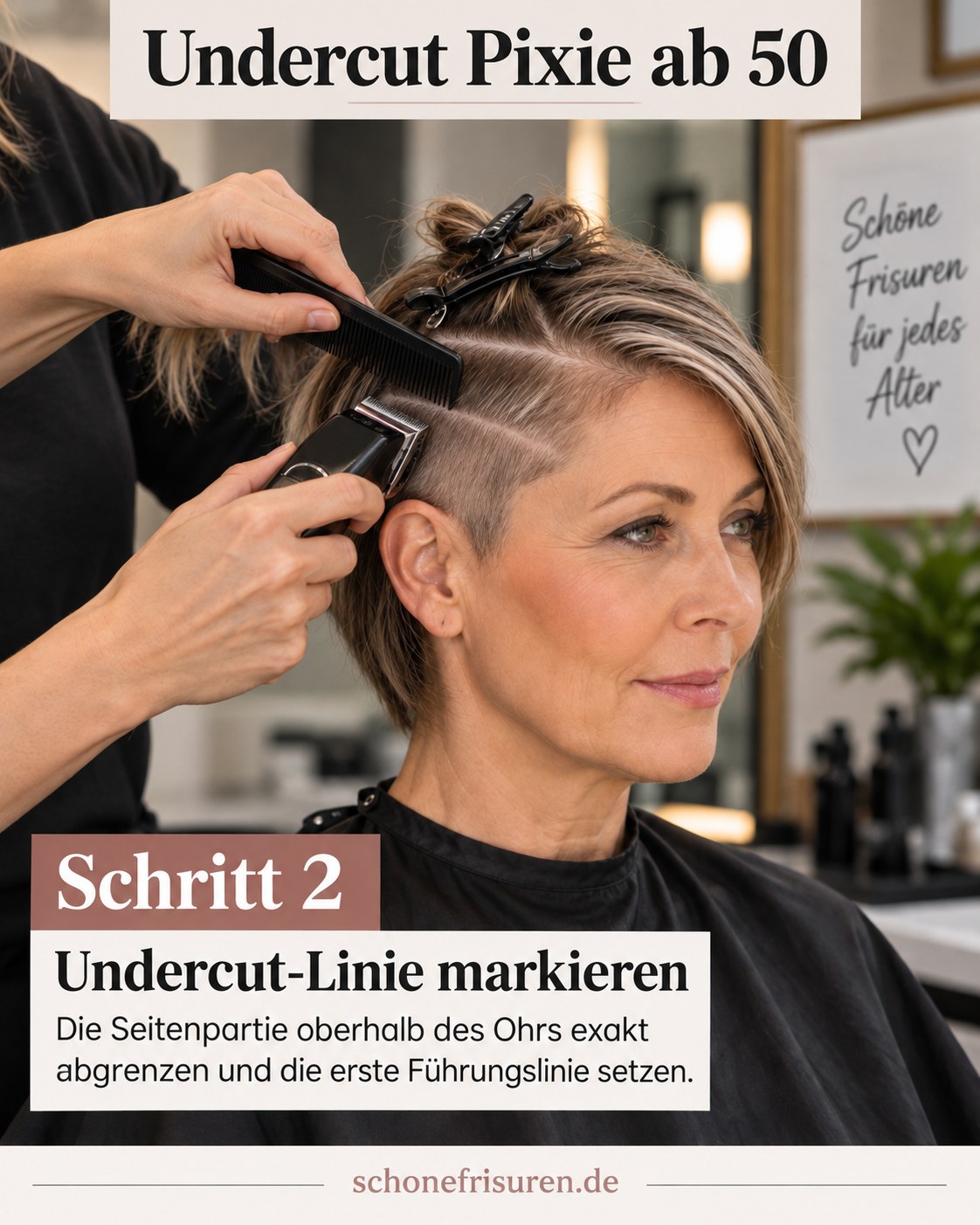 Undercut Pixie ab 50 mit markierter Linie über dem Ohr vor dem Kürzen