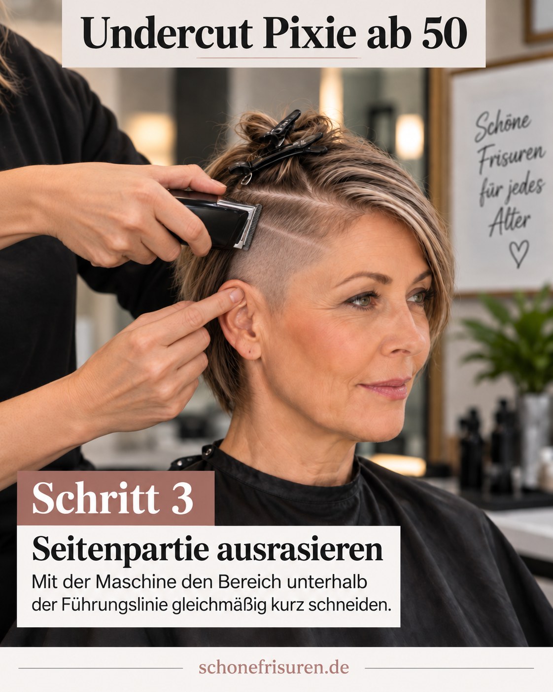 Undercut Pixie ab 50 beim Kürzen der Seitenpartie mit Maschine