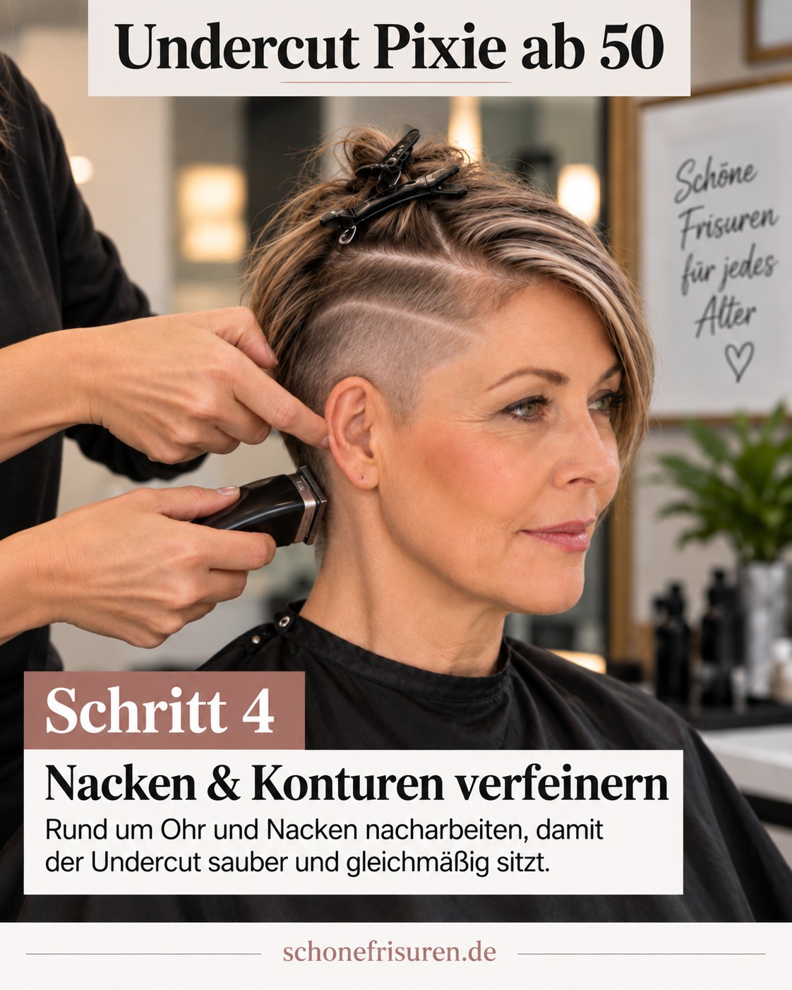Undercut Pixie ab 50 mit ausgearbeiteten Konturen an Ohr und Nacken