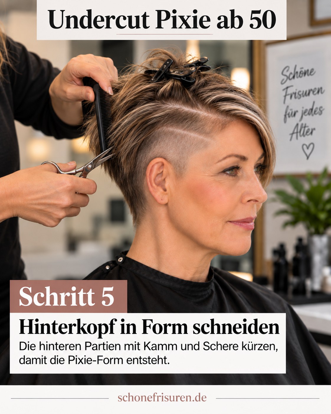 Undercut Pixie ab 50 mit geschnittenem Hinterkopf und weicher Form