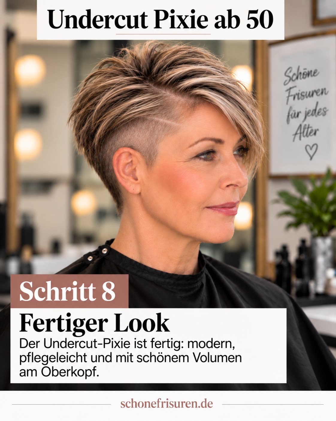 Fertiger Undercut Pixie ab 50 mit kurzem Seitenteil und voluminösem Oberkopf