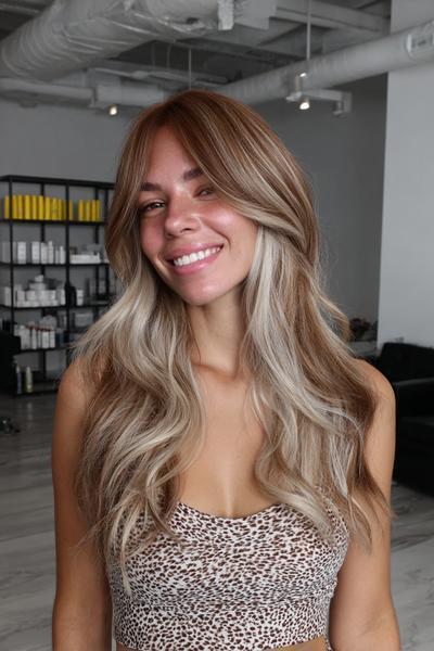 Eine Frau mit langen, gewellten Haaren trägt einen Balayage-Stil in Aschblond mit sanften Übergängen von dunklerem Ansatz zu helleren Spitzen.