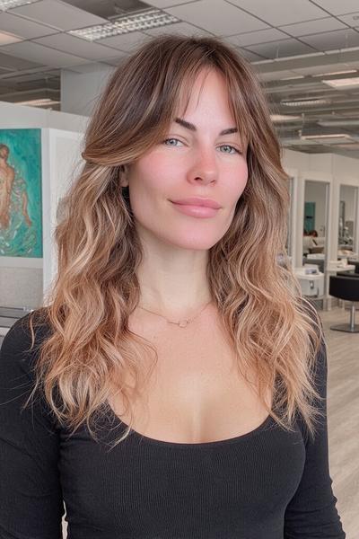Frau mit schulterlangem, gewelltem Haar in einem aschblonden Balayage-Stil mit sanftem Dunkelansatz und helleren Spitzen.