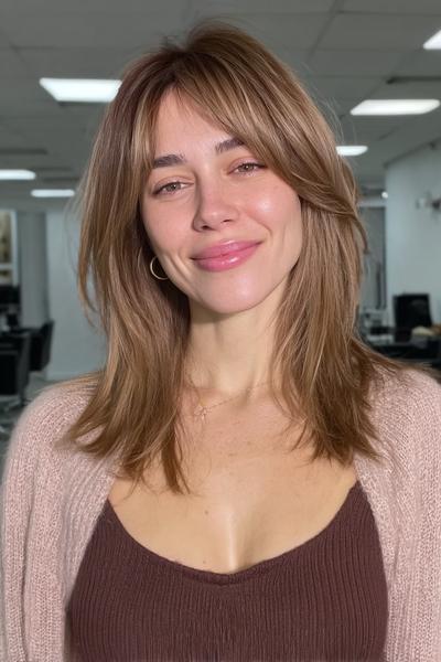 Eine Frau mit mittellangem, stufig geschnittenem Haar trägt ein aschblondes Balayage mit sanften Highlights und Curtain Bangs.