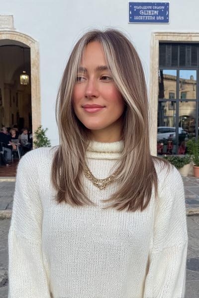 Eine Frau mit schulterlangem, glattem Haar trägt einen natürlichen Aschblond-Balayage-Stil mit hellen, face-framing Strähnen.