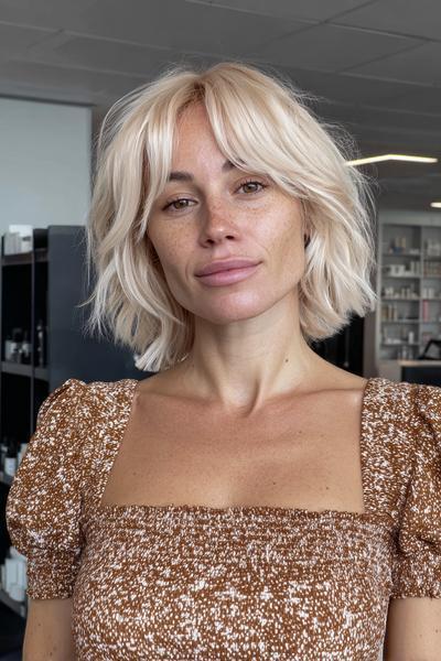 Eine Frau mit einem kurzen, welligen Bob in aschblondem Balayage-Stil.