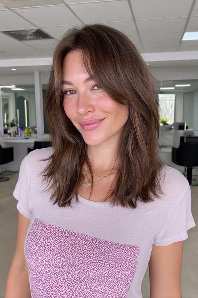 Eine Frau mit dunkelblondem, schulterlangem Haar und leichten Stufen trägt einen natürlichen, glatten Look mit sanftem Volumen.