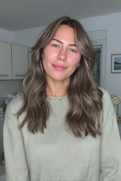 Eine Frau mit schulterlangem, gewelltem Haar trägt sanfte, natürliche Balayage-Strähnchen in kühlen Blond- und Aschbraun-Tönen.