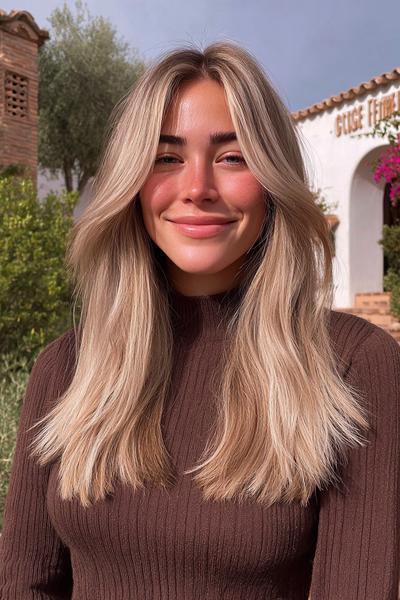 Eine Frau mit langen, glatten Haaren und natürlichen blonden Strähnchen trägt einen Mittelscheitel.