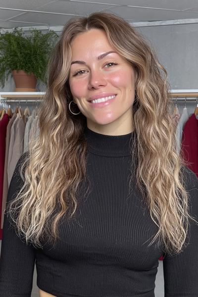 Eine Frau mit mittellangen, welligen Haaren trägt dezente blonde Strähnchen in ihrem braunen Haar.