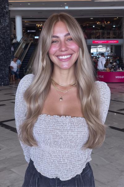Eine Frau mit langen, dunkelblonden Haaren trägt eine sanfte Beach-Waves-Frisur mit Mittelscheitel.