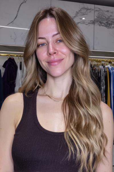 Eine Frau mit langen, welligen dunkelblonden Haaren und sanften Face-Framing-Stufen steht lächelnd vor einem Kleiderschrank.