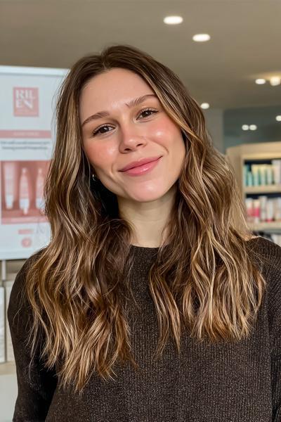 Eine Frau mit dunkelblondem, mittellangem, welligem Haar mit sanften Balayage-Highlights steht lächelnd in einem modernen Friseursalon.