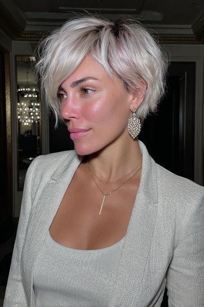 Eine Frau mit einem modernen, hellblonden Pixie-Cut mit seitlichem Pony und sanften Wellen.