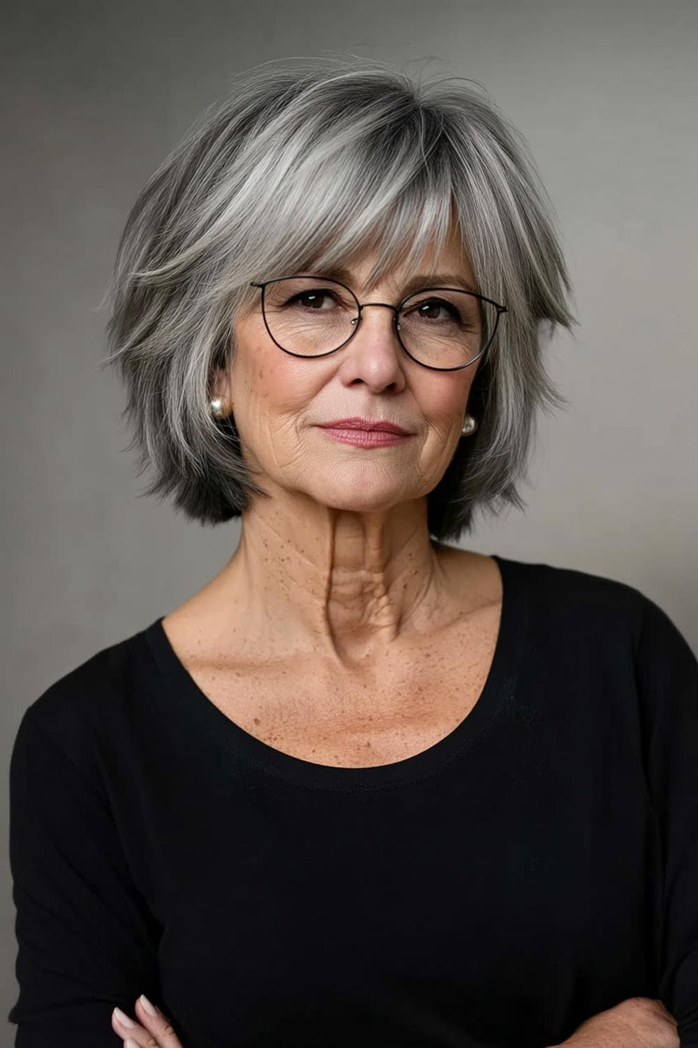 Strukturierter Grau-Bob mit Brille