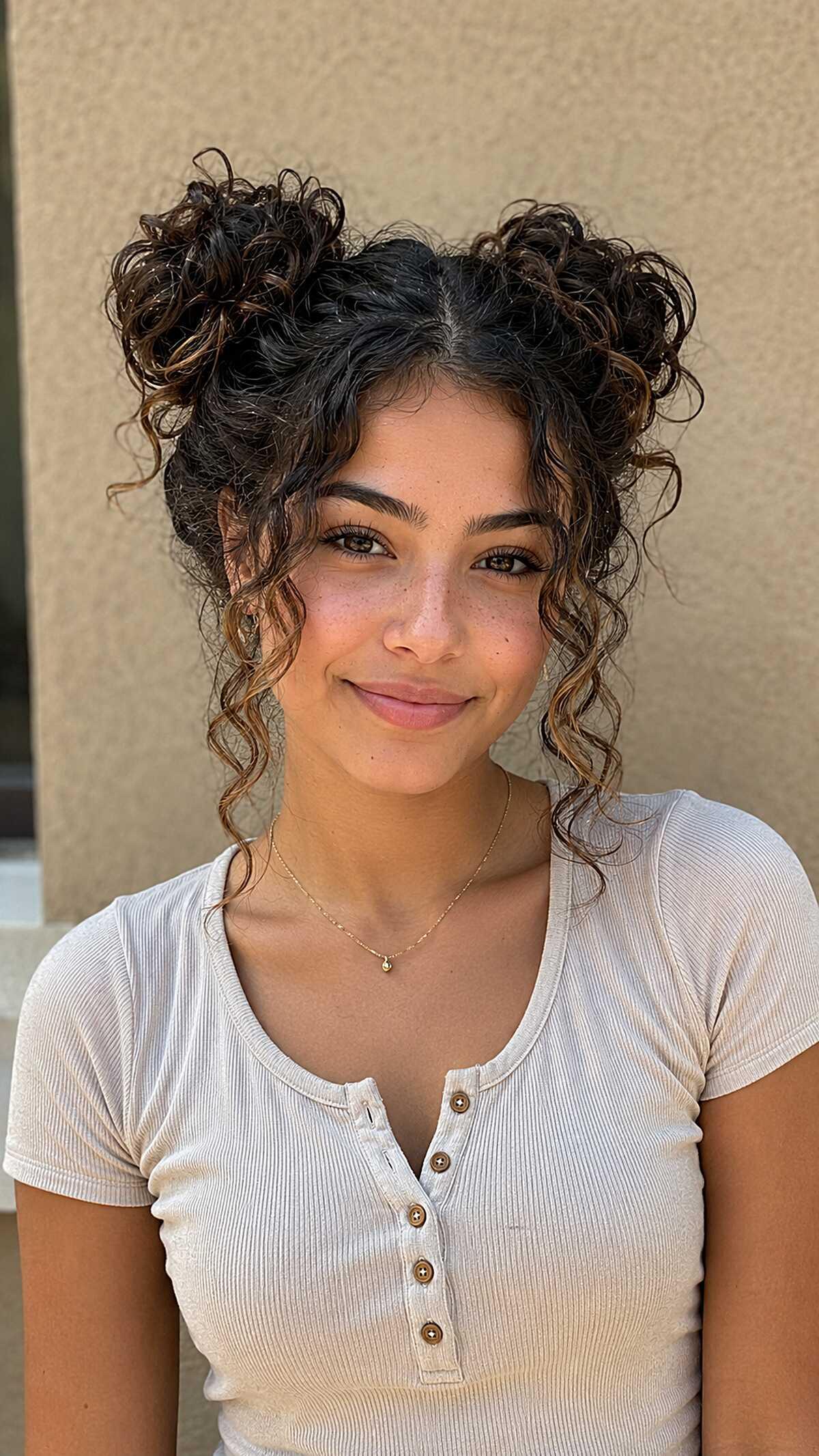 Zwei lockere Space Buns bei lockigem Haar
